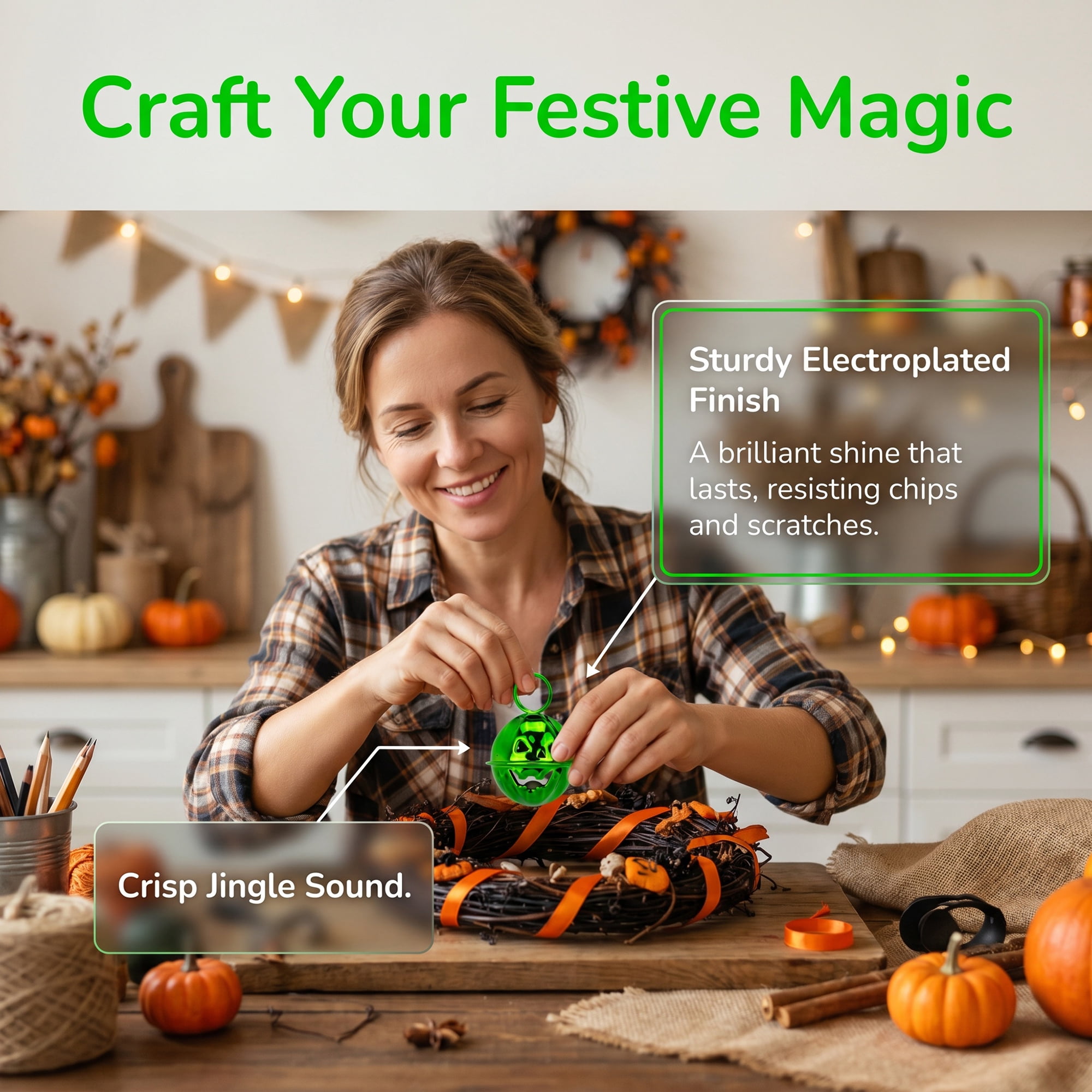 Unique Bargains 10Pcs Pumpkin Halloween Craft Round Bells Green 0.9"L x 0.9"W x 0.9"H