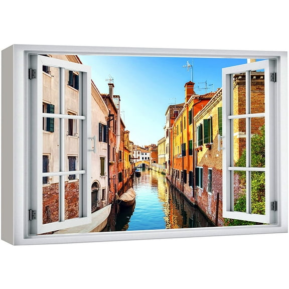 wall26 Canvas Print Wall Art Window View Vibrant Italian Italy Venice Canal City Wilderness Nature Photography Realism Scenic Landscape Colorful Multicolor for Living Room, Bedroom, Office - 16"