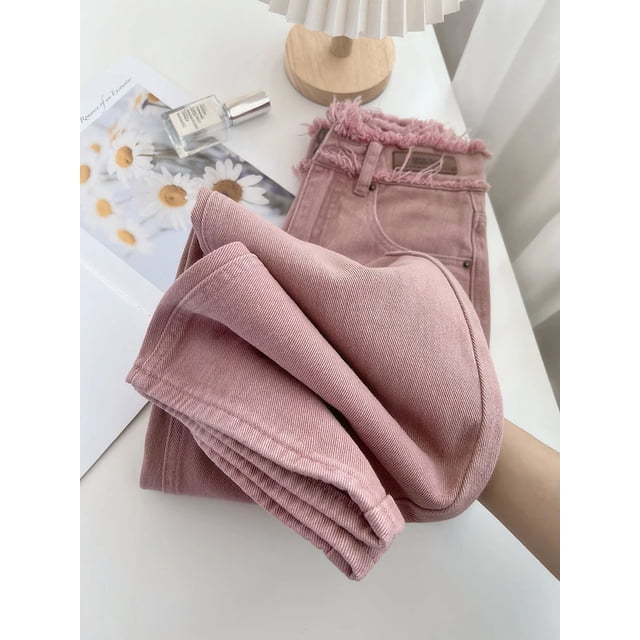 Vaqueros deshilachados para mujer, coloridos, rectos, de cintura alta, largos, para primavera, ocio, combinables, ropa de calle, estilo coreano, elegantes, Harajuku