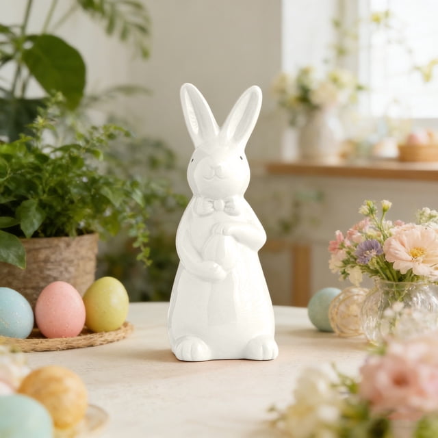 Ceramic Ornaments White Ceramic Easter Bunny Decoration with Bow Home Desktop Crafts for Spring Decor(1-Piece) Rkxzt