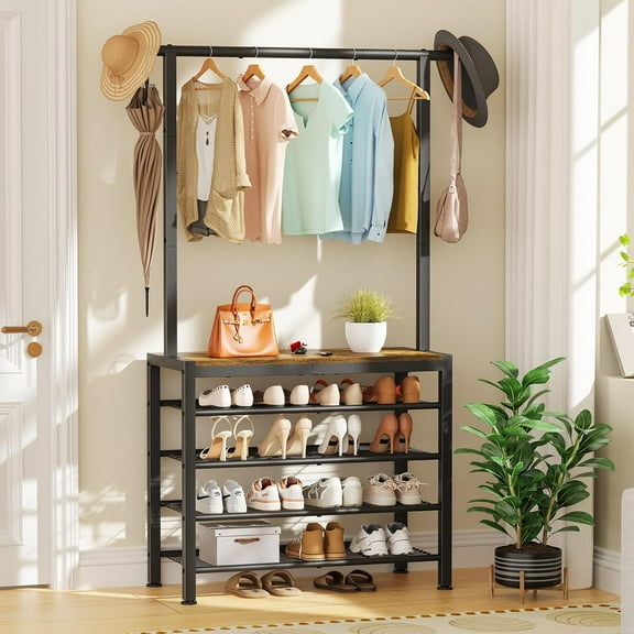 Hall Tree, Entryway Shoe Rack with Coat Rack, 5 Tier Adjustable Shoe Storage with 45.7" Long Coat Rack for Front Door, Garage, Closet, Freestanding, Industrial, Rustic Brown and Ink Black
