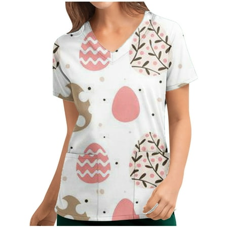 

FAFWYP Scrubs for Women Womens Loose Scrubs Tops Summer Nurse Short Sleeve V Neck Workwear Cute Printed Working Uniform Shirt Medical Blouse with Pockets