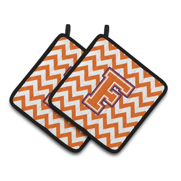 Carolines Treasures CJ1062-FPTHD Letter F Chevron Orange and Regalia Pair of Pot Holders, 7.5HX7.5W, multicolor
