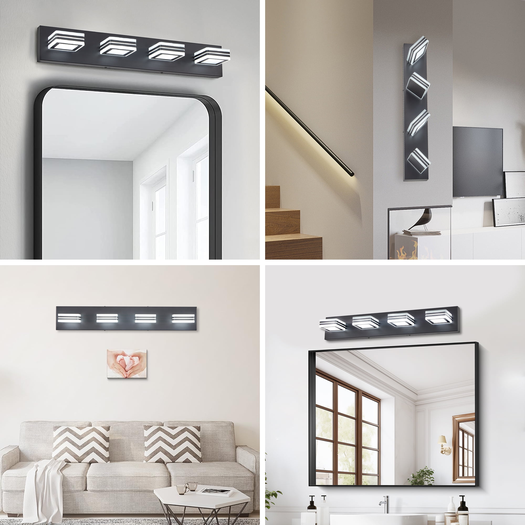 26" Modern Black 4-Light LED Vanity Light, Square Acrylic Lampshades Wall Mount Fixture for Bathroom, Mirror Lighting
