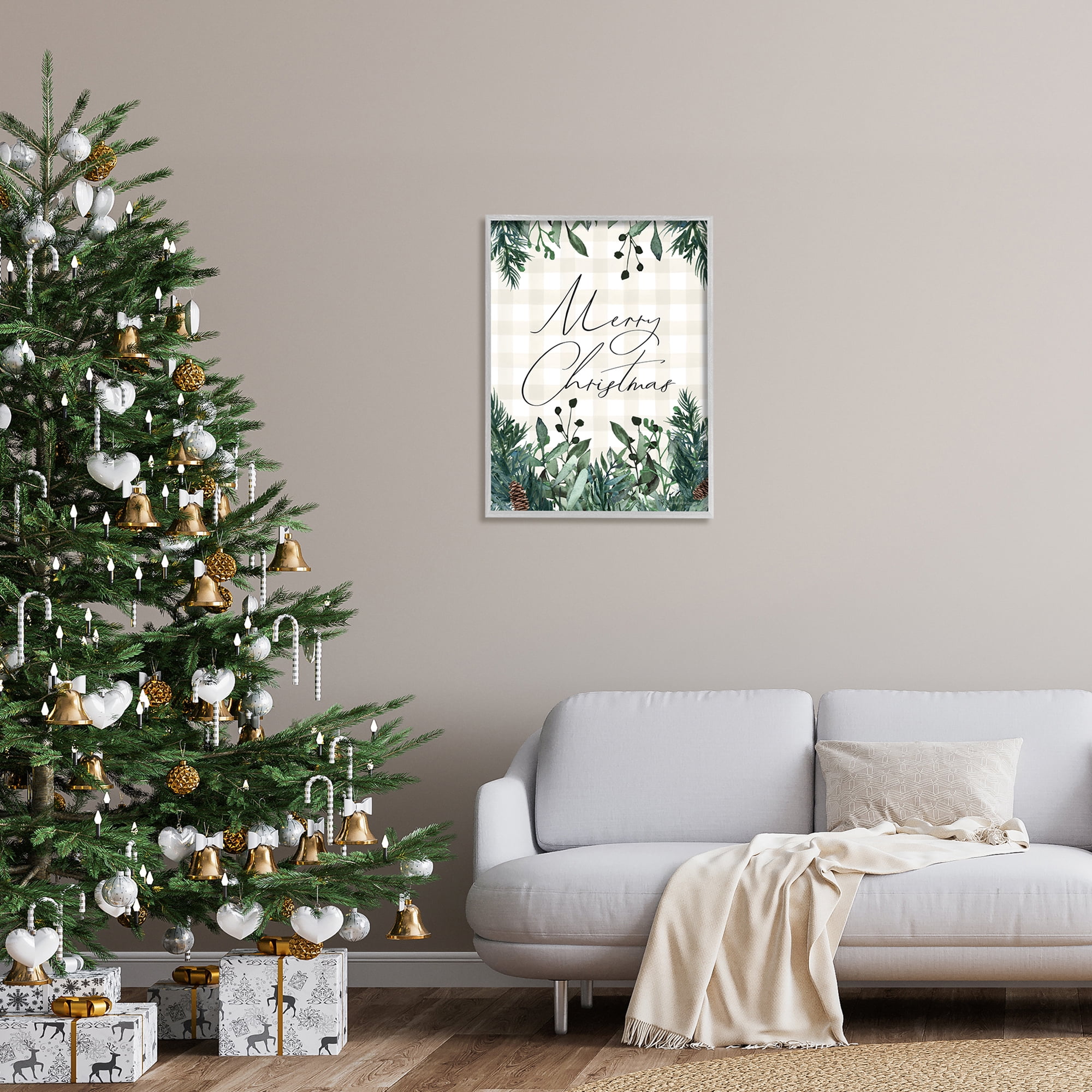 Merry Christmas Script Gingham Pinecone Botanicals Border Botanical & Floral Graphic Art Framed Art Print Wall Art
