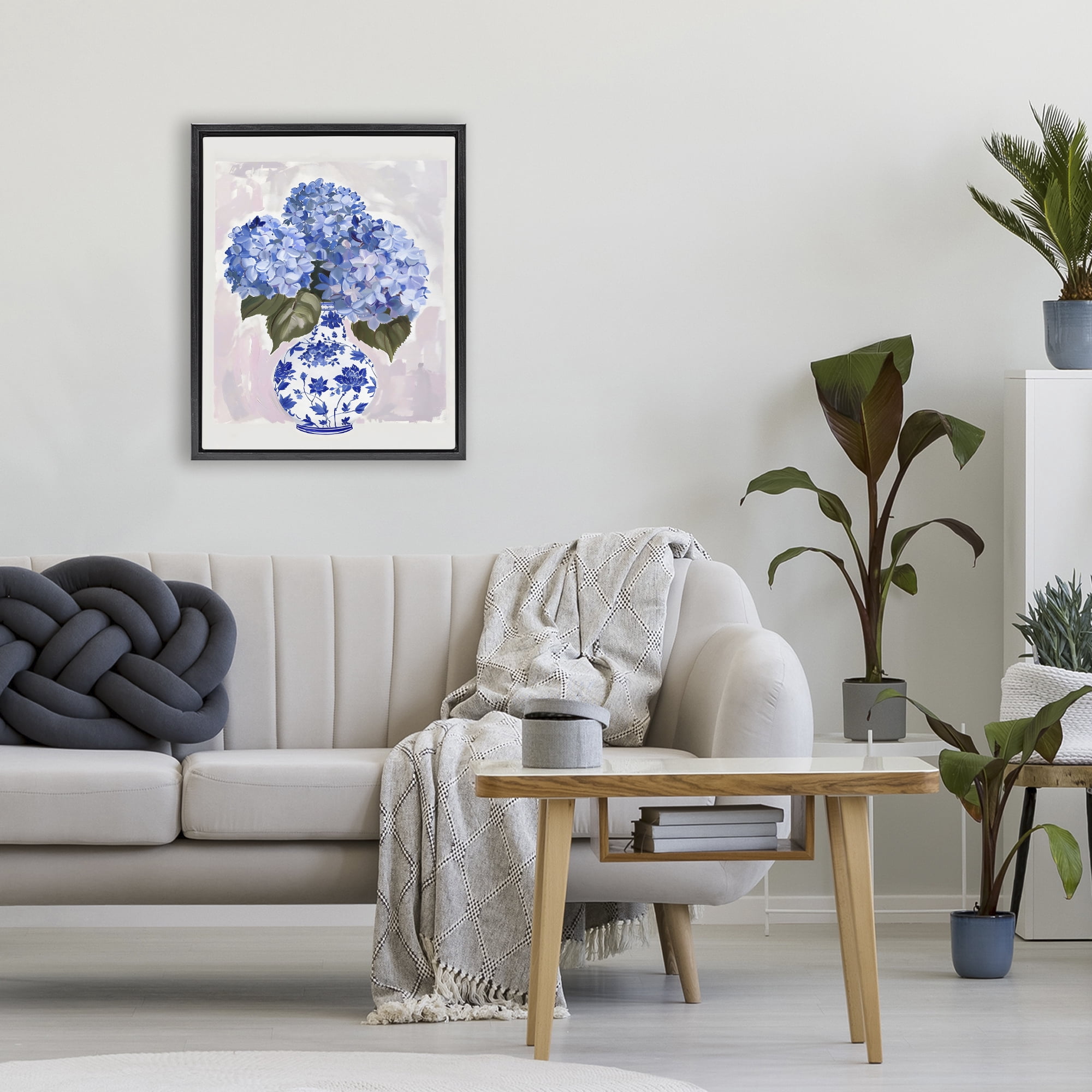Stupell Industries Blue Hydrangea in Porcelain Vase Black Framed Floater Canvas Wall Art, design by The Prints Vibe