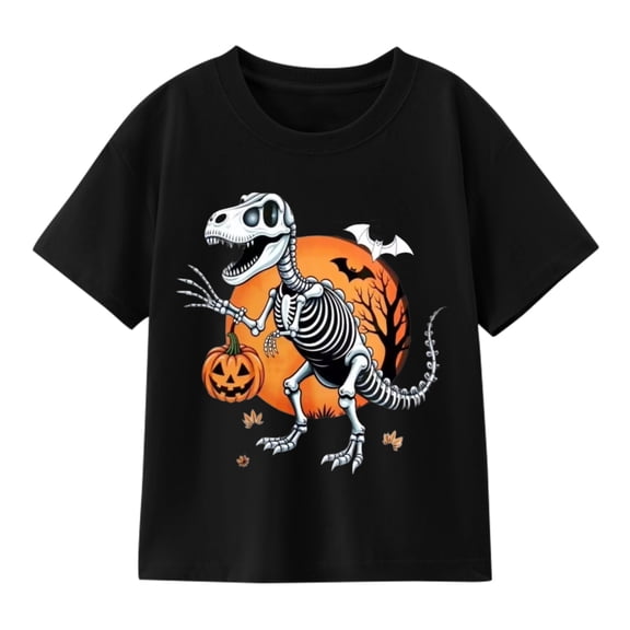 Boys Dinosaur Skeleton with Pumpkin Halloween T-Shirt, Spooky Graphic Short Sleeve Shirt for Fall and Seasonal Wear