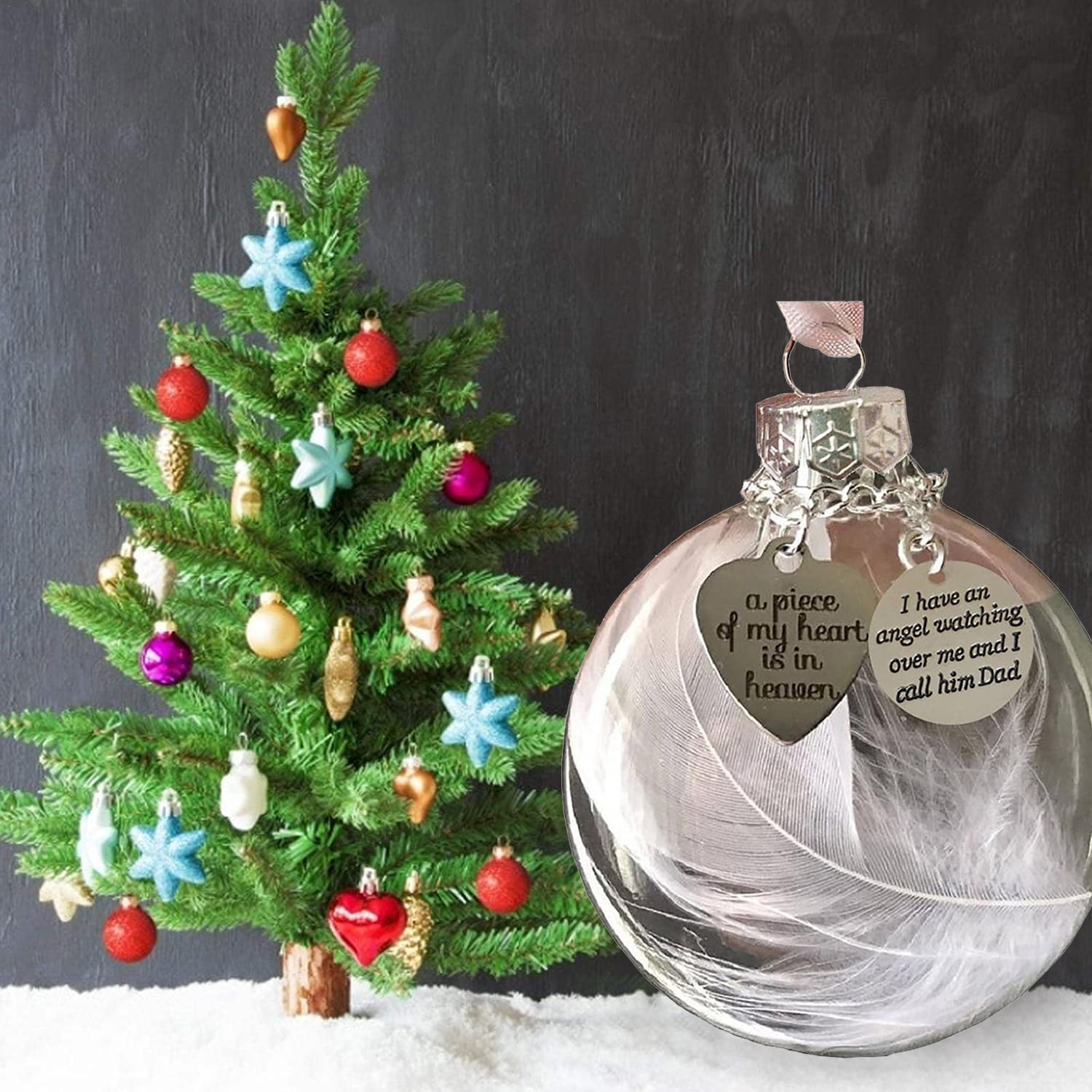 Dad In Memory of White Feather Bauble Glass Round Christmas Tree Hanging Decoration Memorial 