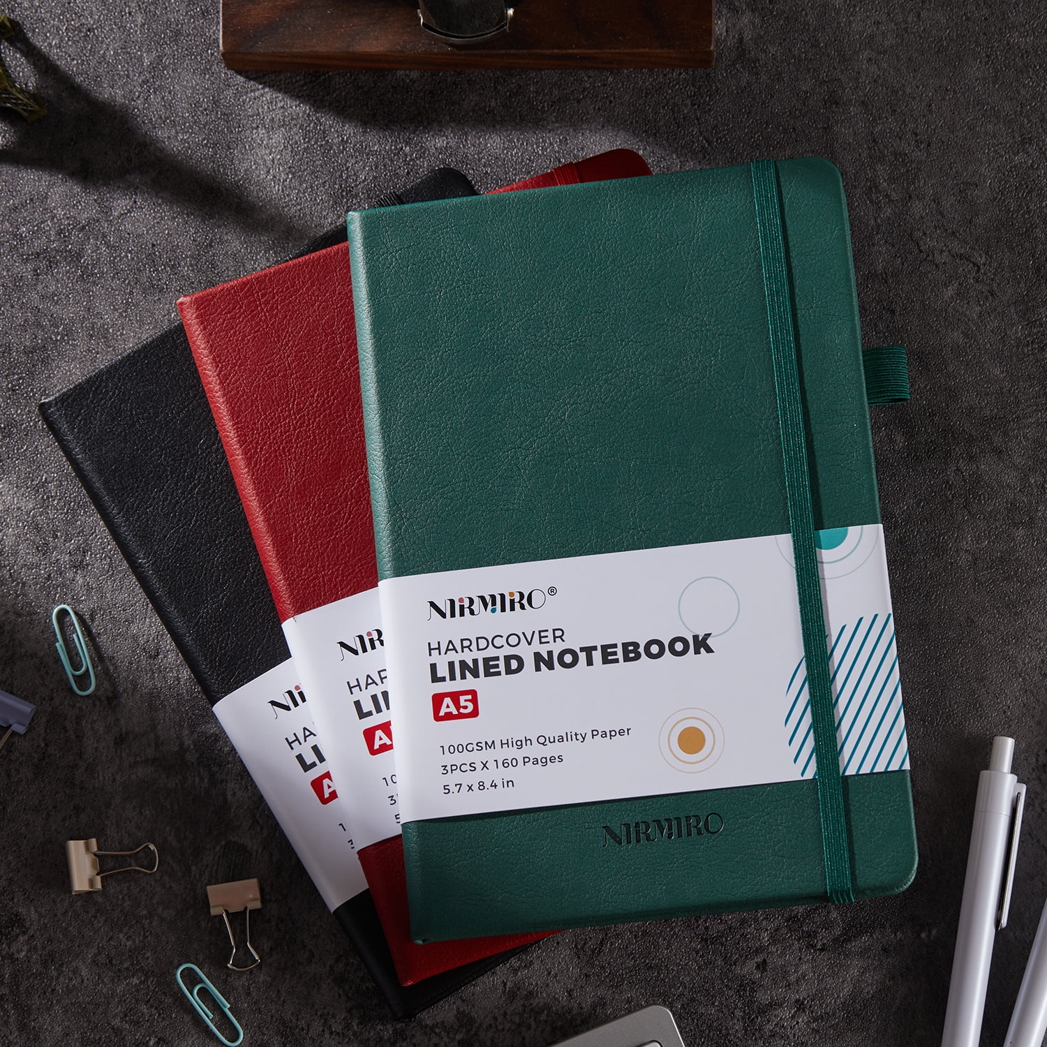 NIRMIRO 6-Pack A5 Hardcover Journal Notebooks, College Ruled with Pen, 5.7"x8.4" Faux Leather Cover, Inner Pocket & Elastic Closure, 100GSM Thick No-Bleed Paper, Multi-Color Set for Work, School