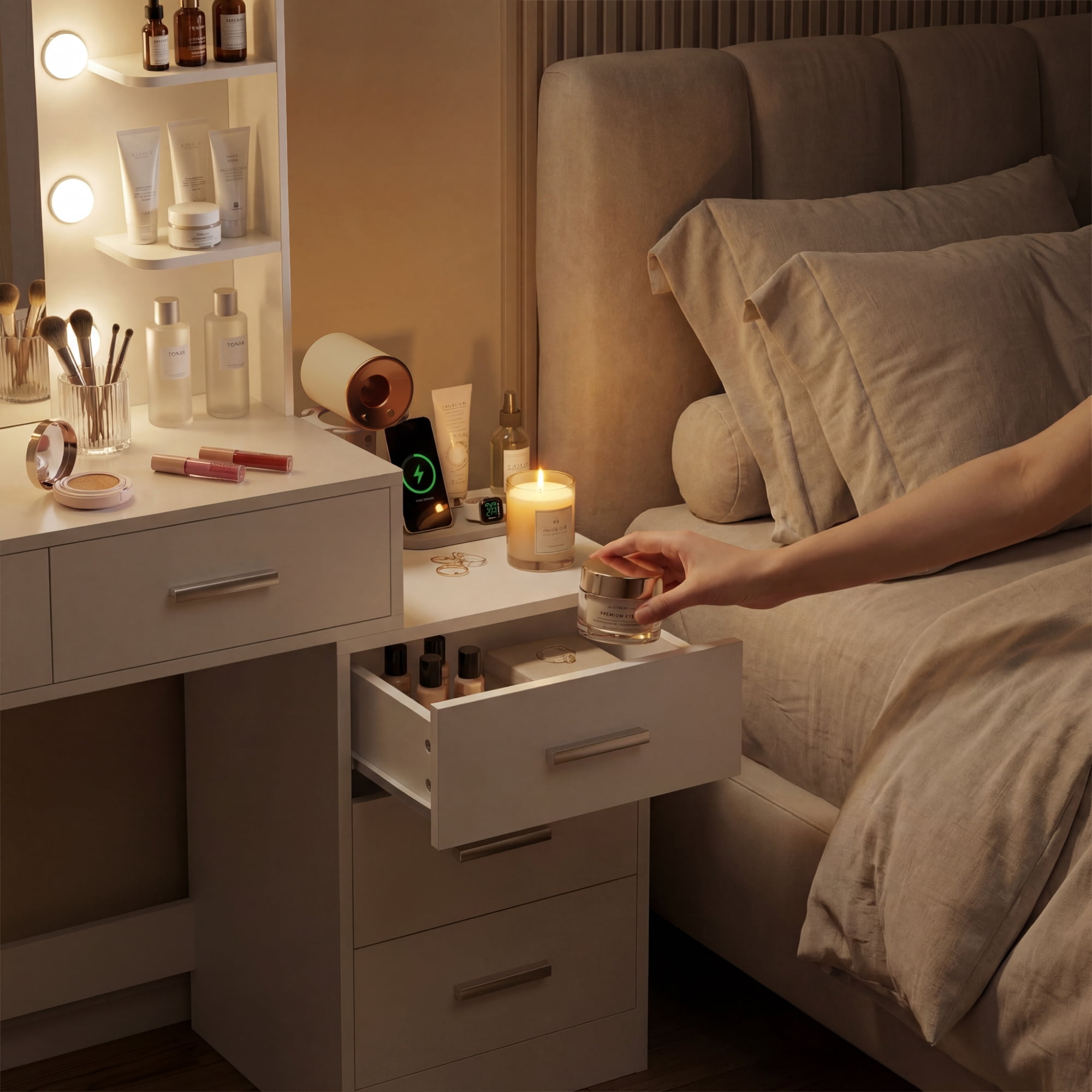 Homall Makeup Vanity Desk with LED Lights, Mirror & Power Outlet, Dressing Table with 4 Shelves and 5 Drawers, Vanity Set & Nightstand for Bedroom, White