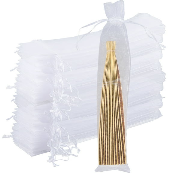 100Pcs Rectangle Mesh Polyester Gift Bags Jewelry Drawstring Bags for Wedding Party Candy Mesh Packaging Bags White 24x5.3~6x0.01cm