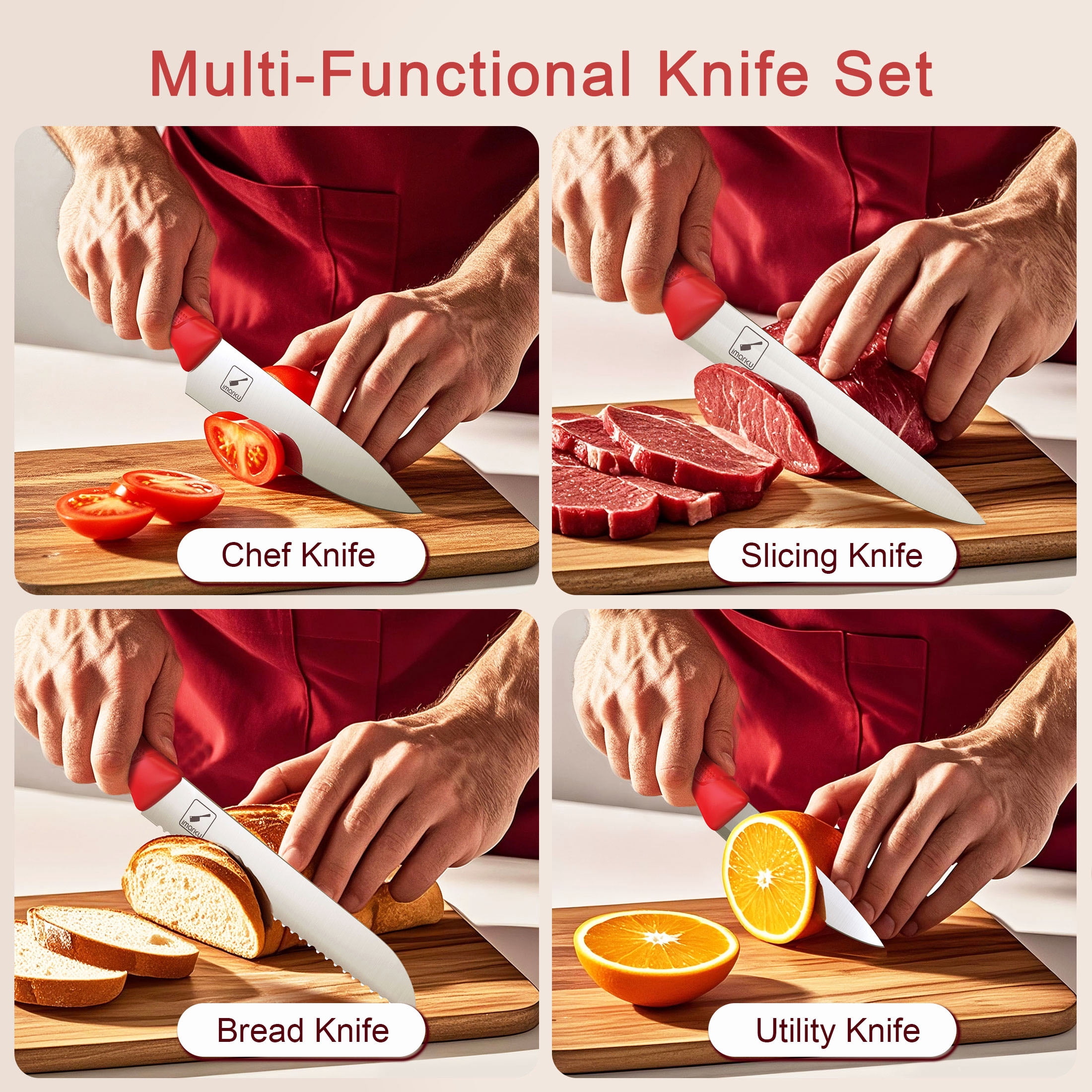 imarku 14-Piece Stainless Steel Kitchen Knife Block Set with Ergonomic Handles,Best Holiday Gifts,Red,Fathers Day Gifts
