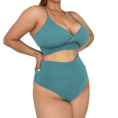 

Womens Plus Bikini Sets Tie Back Elegant High Waist Wireless Bra Cadet Blue 1XL