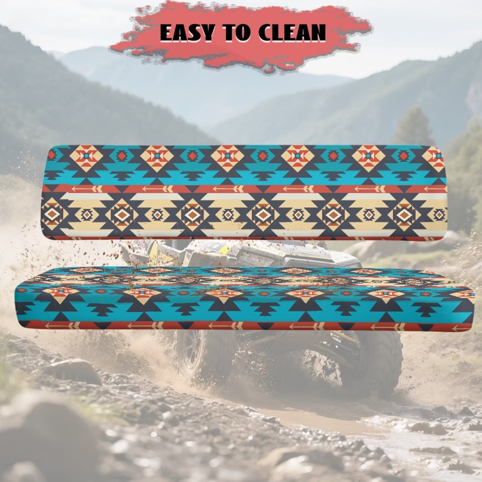 Uorisanigo UTV Seat Cover Compatible with Kawasaki Mule 4010 4x4 FE 2025 2023 2022 2021, Easy to Install UTV Accessories for All Seasons, Anti-Slip Blue Aztec Tribal Ethnic Seat Cover Cushion