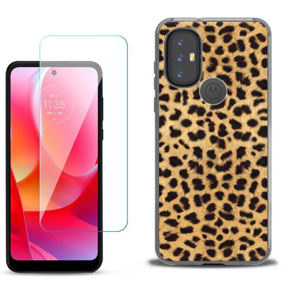 Slim-Fit Gel TPU Phone Case for Motorola Moto G Power 2022, with Tempered Glass Screen Protector, by OneToughShield ® - Cheetah Gold/Black