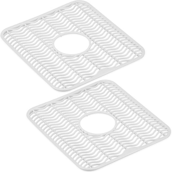 Dependable Industries Inc. Essentials 2 Pack Plastic Sink Protector Mat with Center Drain Cutout Protect Sink and Glasses and Dishes from Scratches and Breaks 12" x 11" White