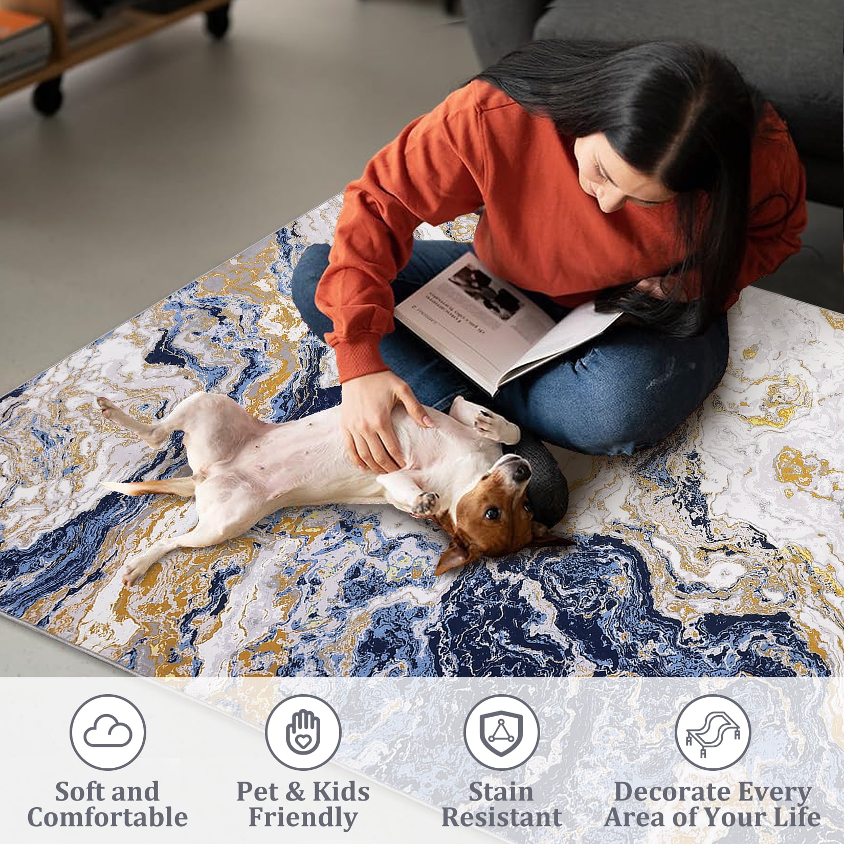 Modern Abstract Marble Print Area Rug 4' x 6'– Soft, Washable, Non-Slip & Non-Shedding(Navy Blue)