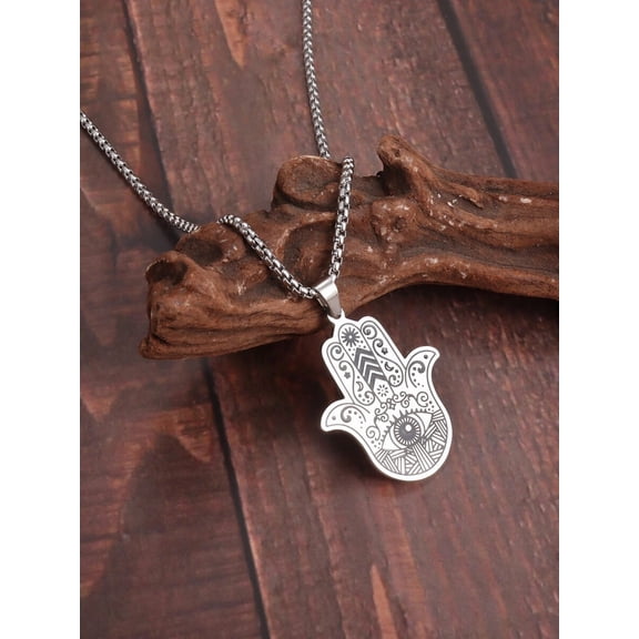 Silver Hamsa Hand Pendant Necklace With Evil Eye Detail Stainless Steel