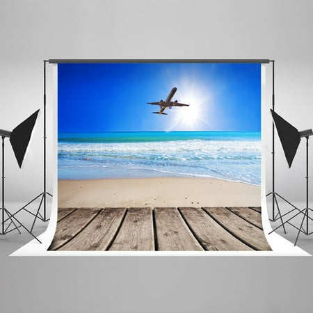 Image of MOHome 5x7ft Photo Backdrop Sea Beach Wood Floor Background Blue Sky Airplane Photography Backdrop Studio Props