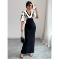 thumbnail image 6 of Elegant Black Colorblock Bat Sleeve V-Neck Floral Print Fitted Maxi Dress, 6 of 6