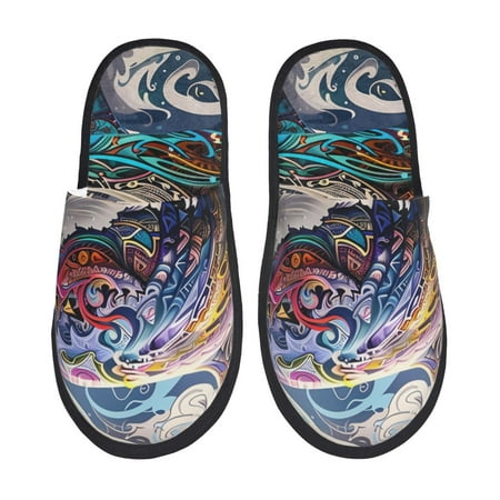 Balery Psychedelic Shark Artwork Slient Indoor Furry Fleece Comfort House Shoes Soft Non-Slip Home Shoes Cotton slippers House Slippers-- Large