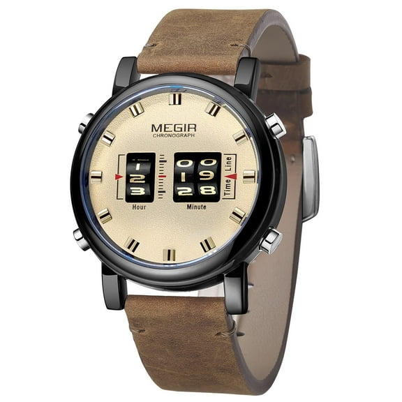 MEGIR Fashion Military Sport Men Watches Leather Strap Roller Quartz Wristwatches Waterproof Clock