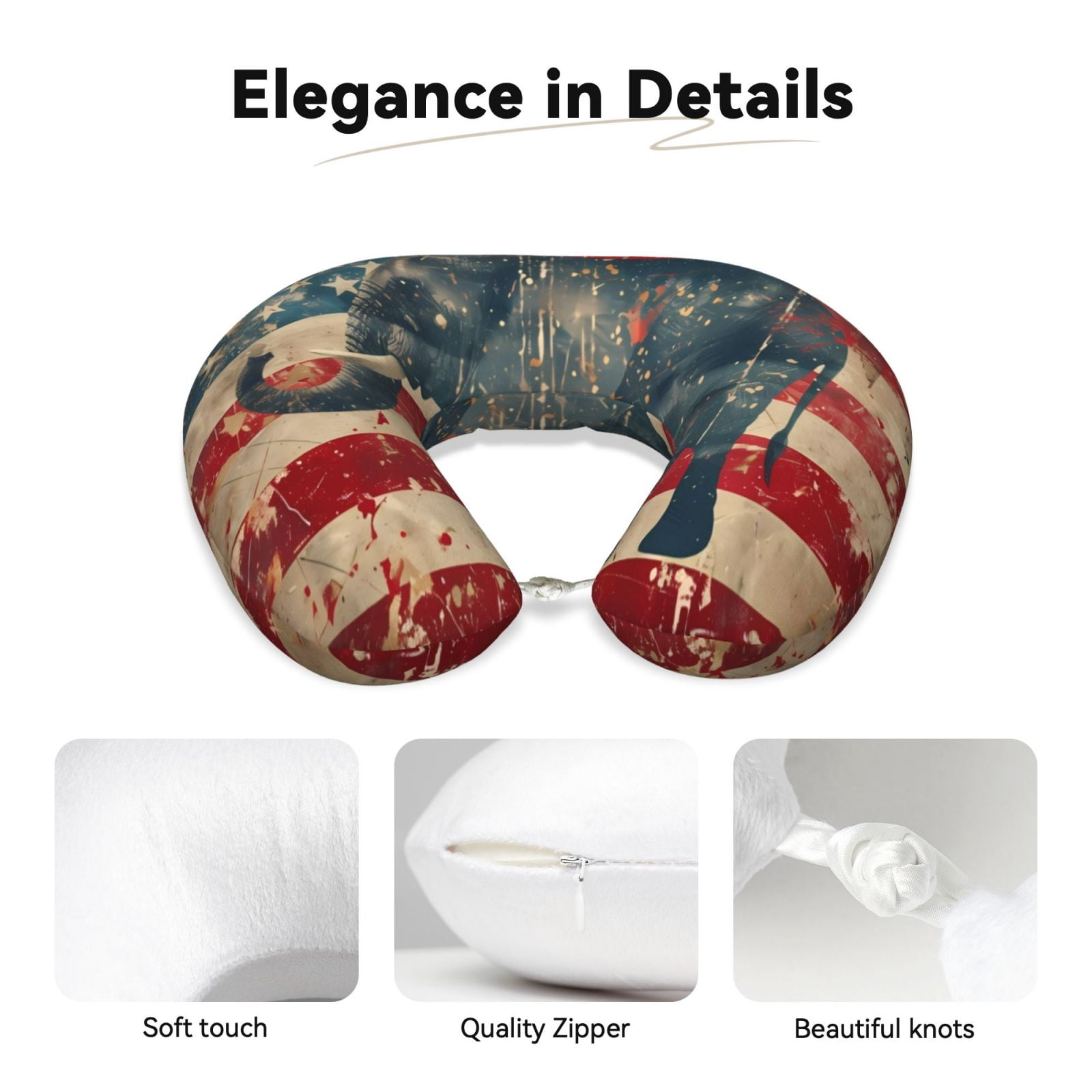 Xecao Vintage American Flag Elephant Print Memory Foam Cervical Neck Pillow Versatile U-Shaped Pillows for Home,Office,Camping,Travelling,Soft Washable Cover