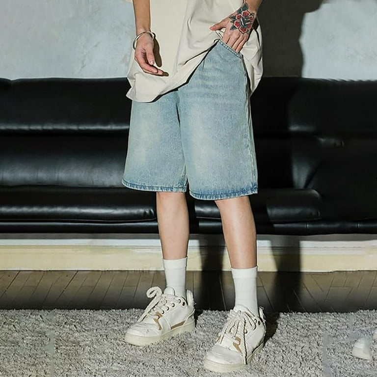 Mens Jean Shorts Loose Fit Washed Denim, Inch Inseam Summer