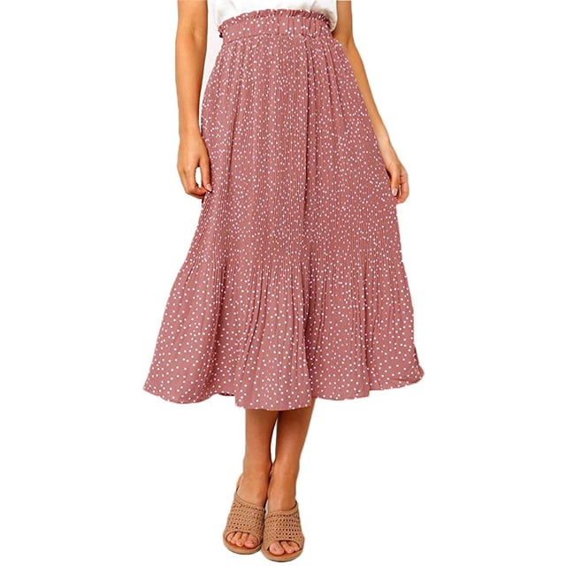 Jupe Plissée à Pois Taille Haute pour Femmes, Jupe Midi Évasée avec Poches
