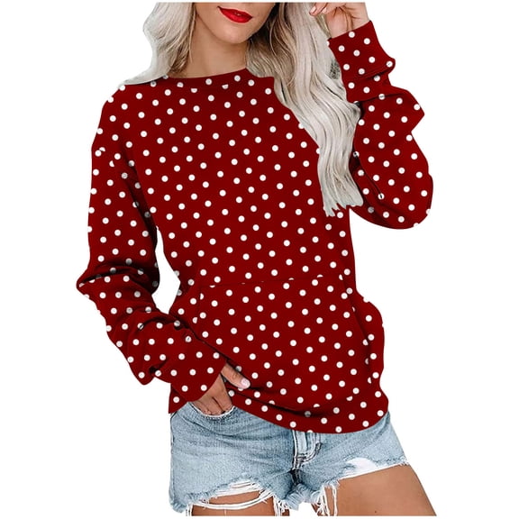 Qgtaibl Women Polka Dot Sweatshirt Casual Crew Neck Long Sleeve Sweatshirts with Pocket Lightweight Comfy Daily Streetwear Pullovers Wine XL