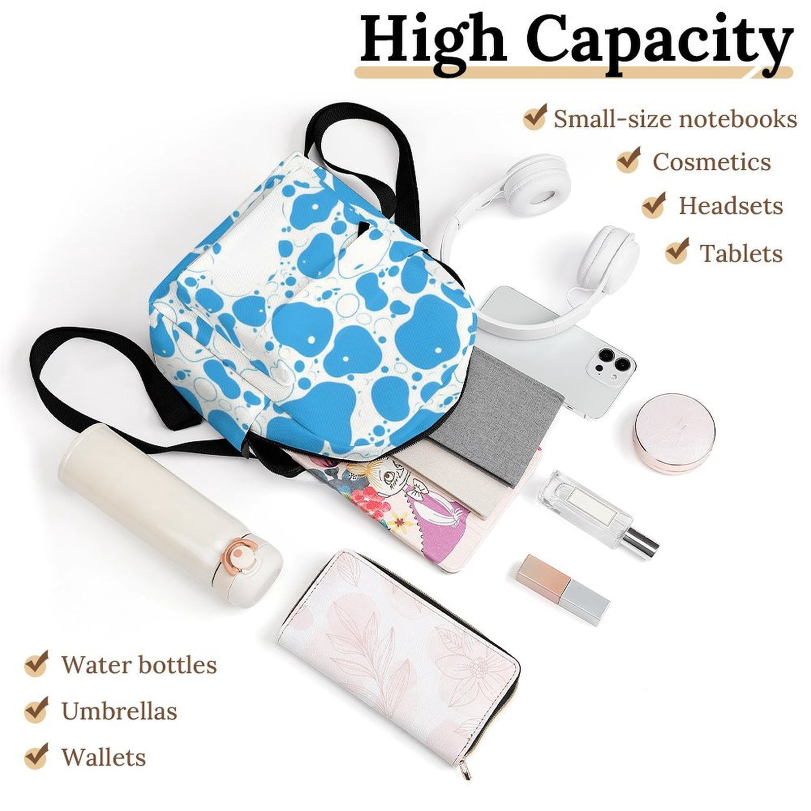 8.1×10in Casual Women'S Backpack With Anti-Contraction And Stretch For Sports Activities Travel Picnics Milk Cow Skin Print Style PowDerBlue_3