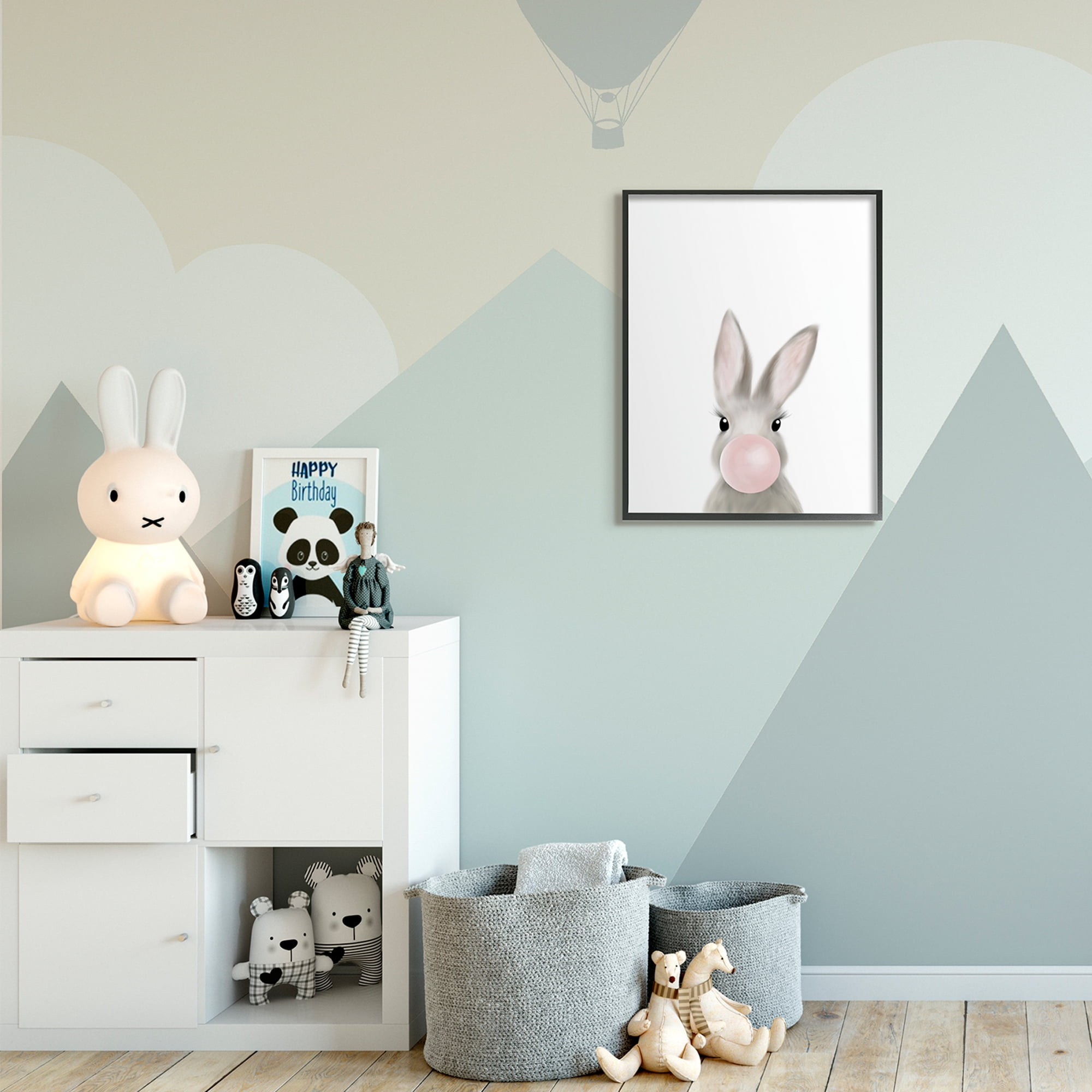 Stupell Industries Bunny with Pink Bubble Gum Forest Animal Black Framed, 24 x 30, Design by Leah Straatsma