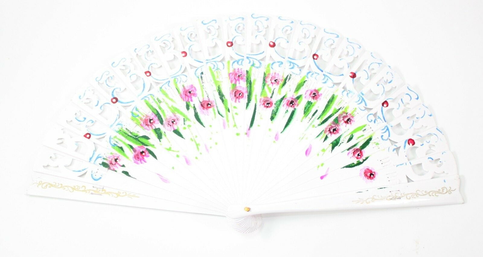 Random White Double Side Wooden Spanish Floral Print Hand Folding Fan Party Gift 