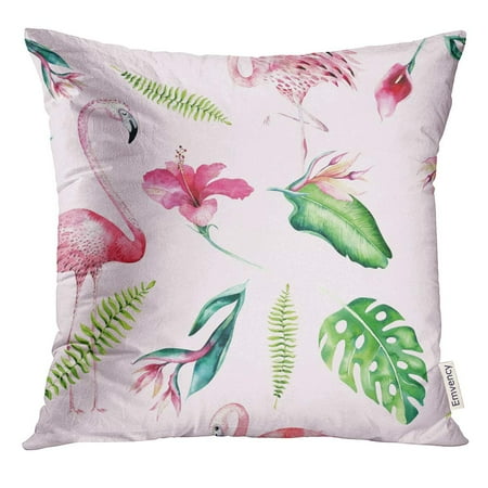 Greenery Trees STOAG Tropical with Flamingo Watercolor Tropic Drawing Rose Bird and Greenery Palm Tree Green Exotic Flower Throw Pillowcase Cushion Case Cover 16x16 inch ()