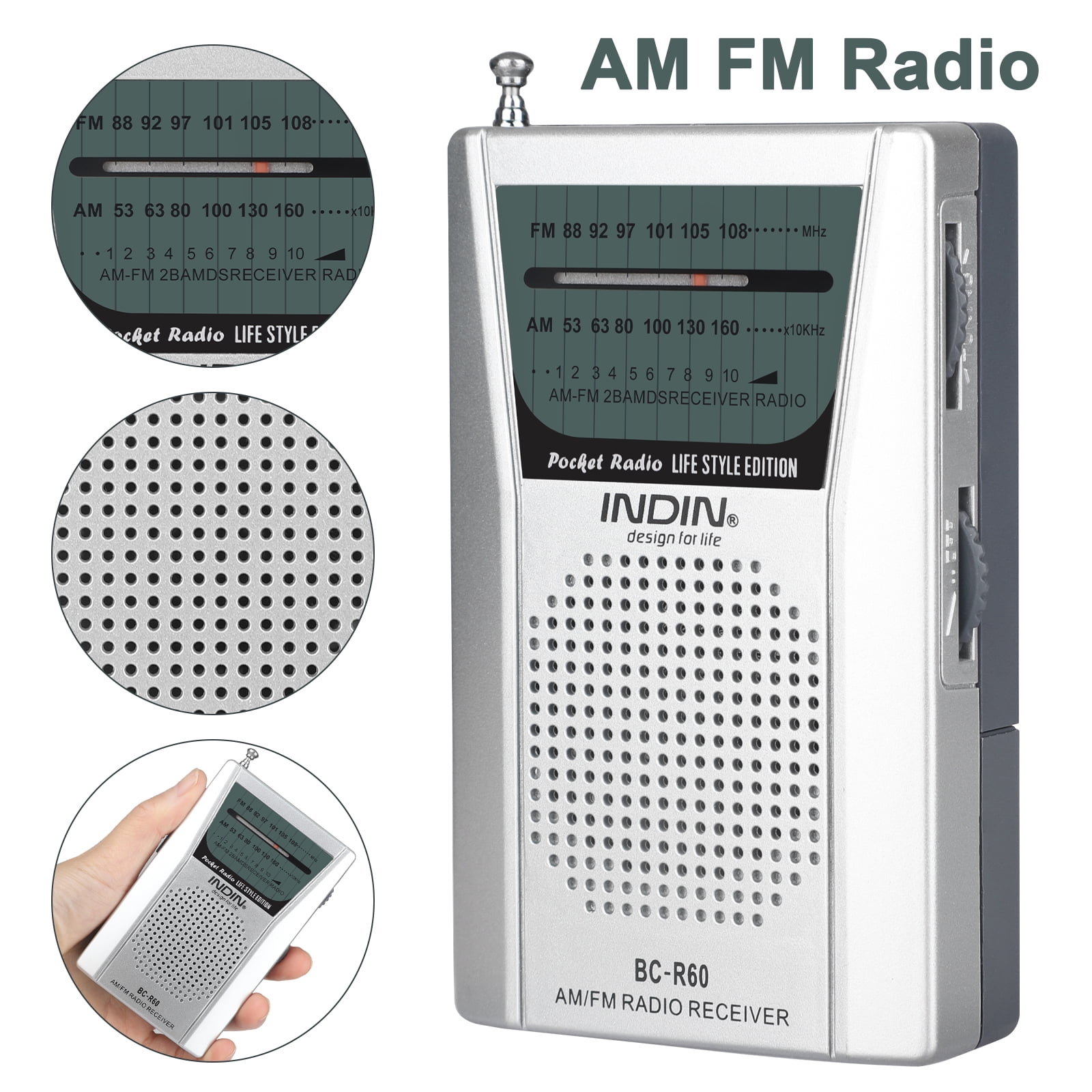 Mini Portable Pocket AM/FM Battery Powered Silver AM/FM Radio w 3.5mm Audio Jack 