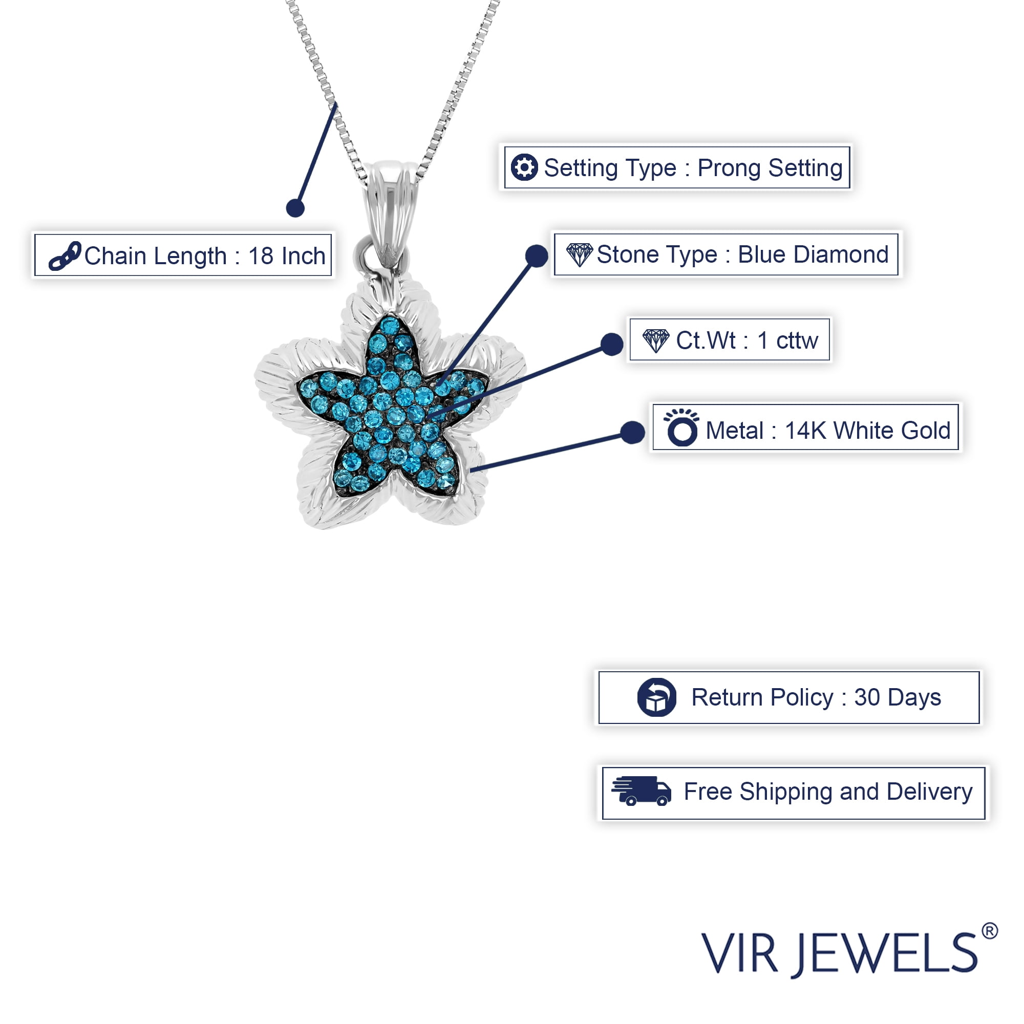 Vir Jewels 1 CTTW Blue Diamond Starfish Pendant Necklace 14K White Gold with 18 Inch Chain