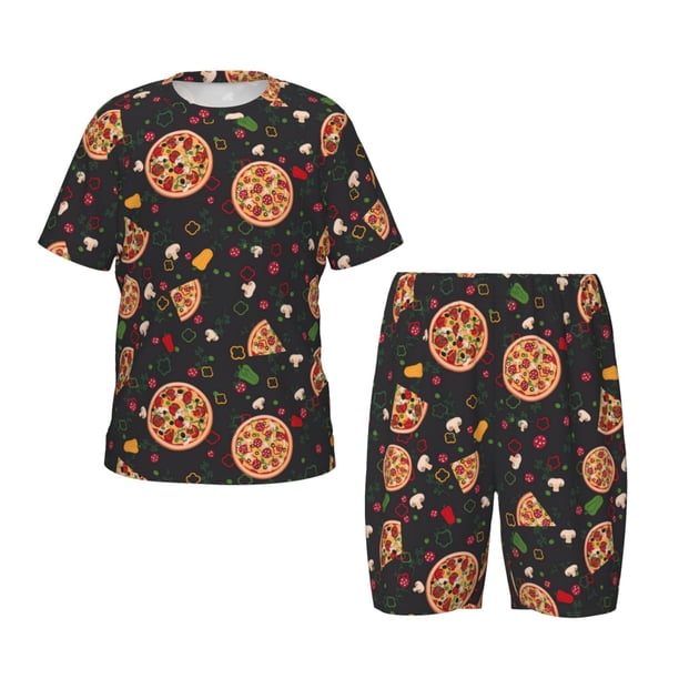 Fotbe Pizzas Mushrooms Pijama Estampada de 2 Piezas para Niños – Ropa de Dormir de Manga Corta Cómoda para Niños y Niñas, Camiseta y Shorts de Algodón-Medium