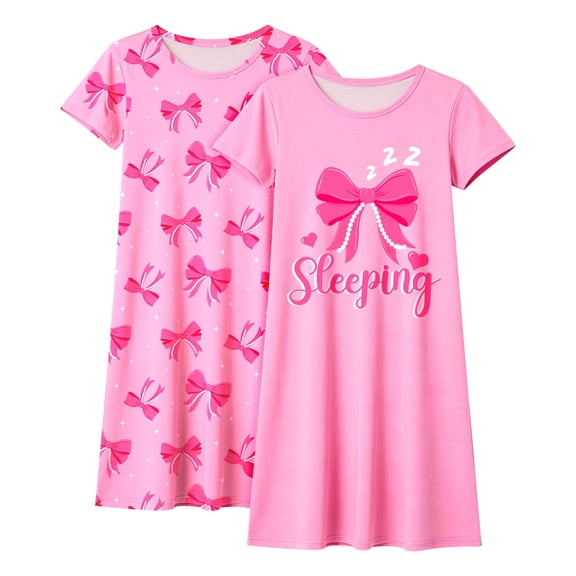 2Pcs Girls Nightgowns Kids Pajamas Princess Nightgown Dress Sleepwear for Toddler Little Girls Nightdress,Pink Pink Bow 9-10 Years