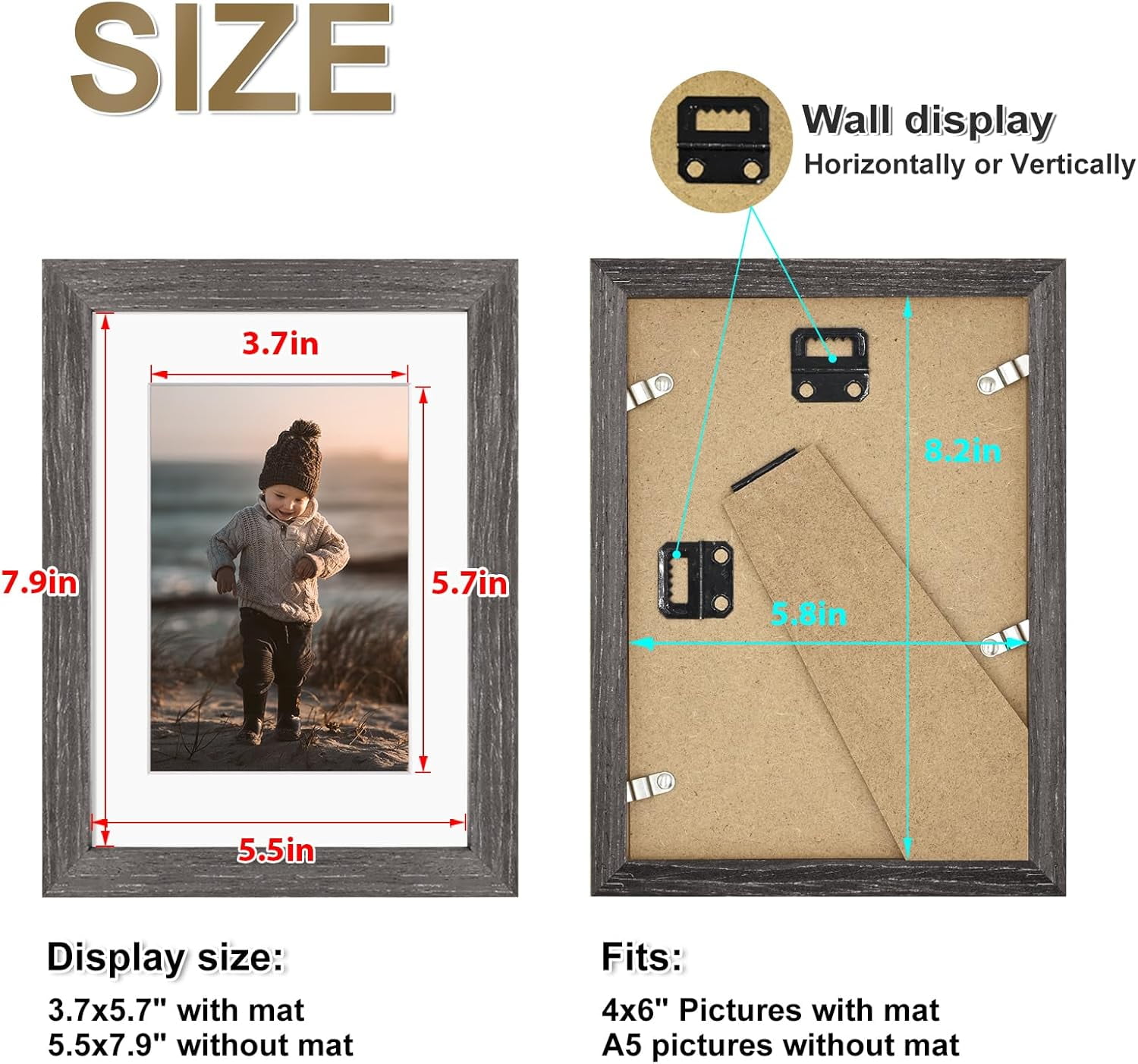 A5 Picture Frame, Ash Black Solid Wood Frame with Acrylic Plexiglass for Pictures 4x6 with Mat or A5 without Mat, Tabletop and Wall Mounting Display Photo Frame 1 Pack