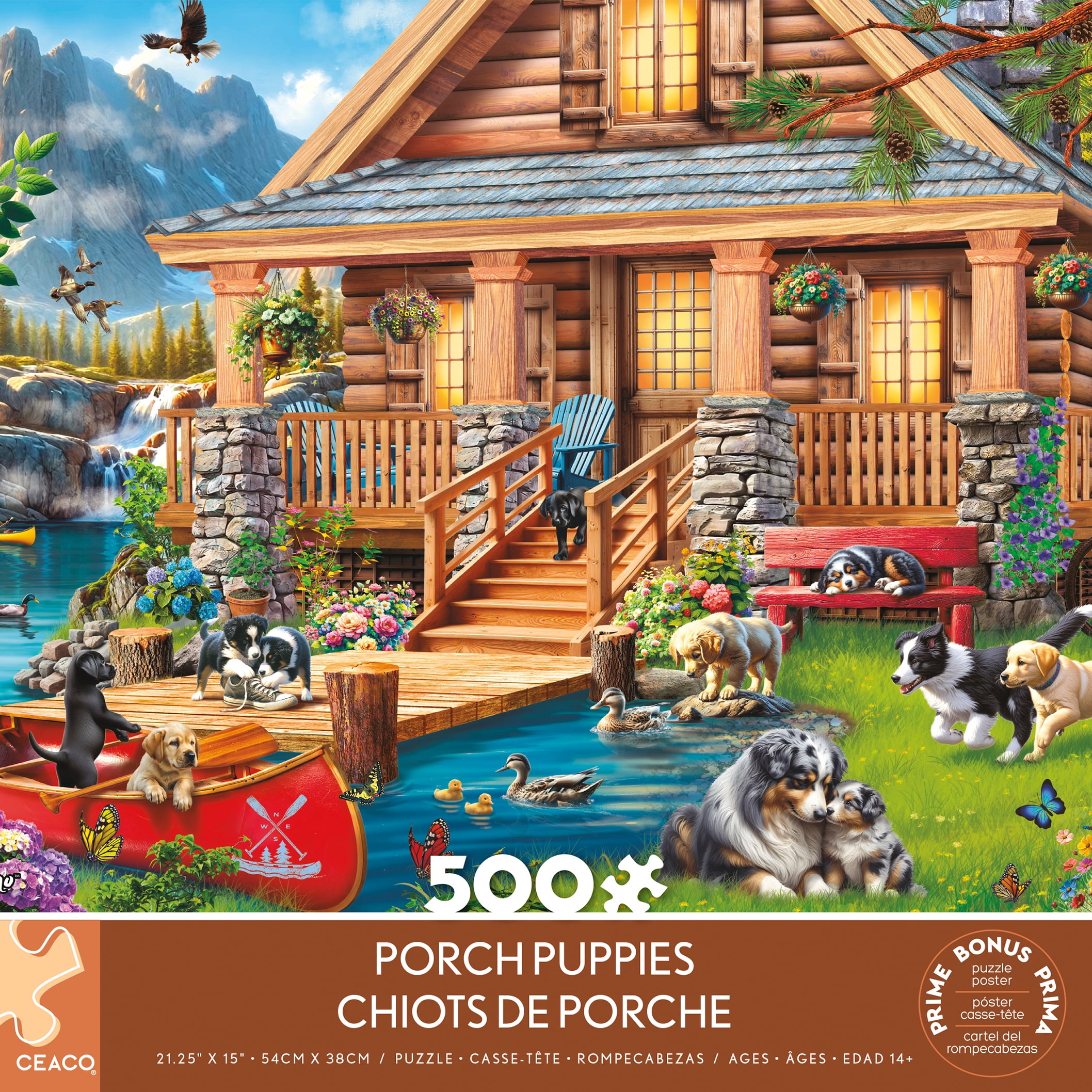 Ceaco P.D. Moreno Porch Puppies 500-Piece Interlocking Jigsaw Puzzle for Adults Ages 14+