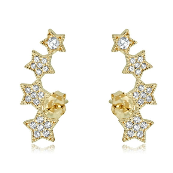 AVORA 10K Yellow Gold Stars Ear Crawler/ Climber Simulated Diamond CZ Earrings