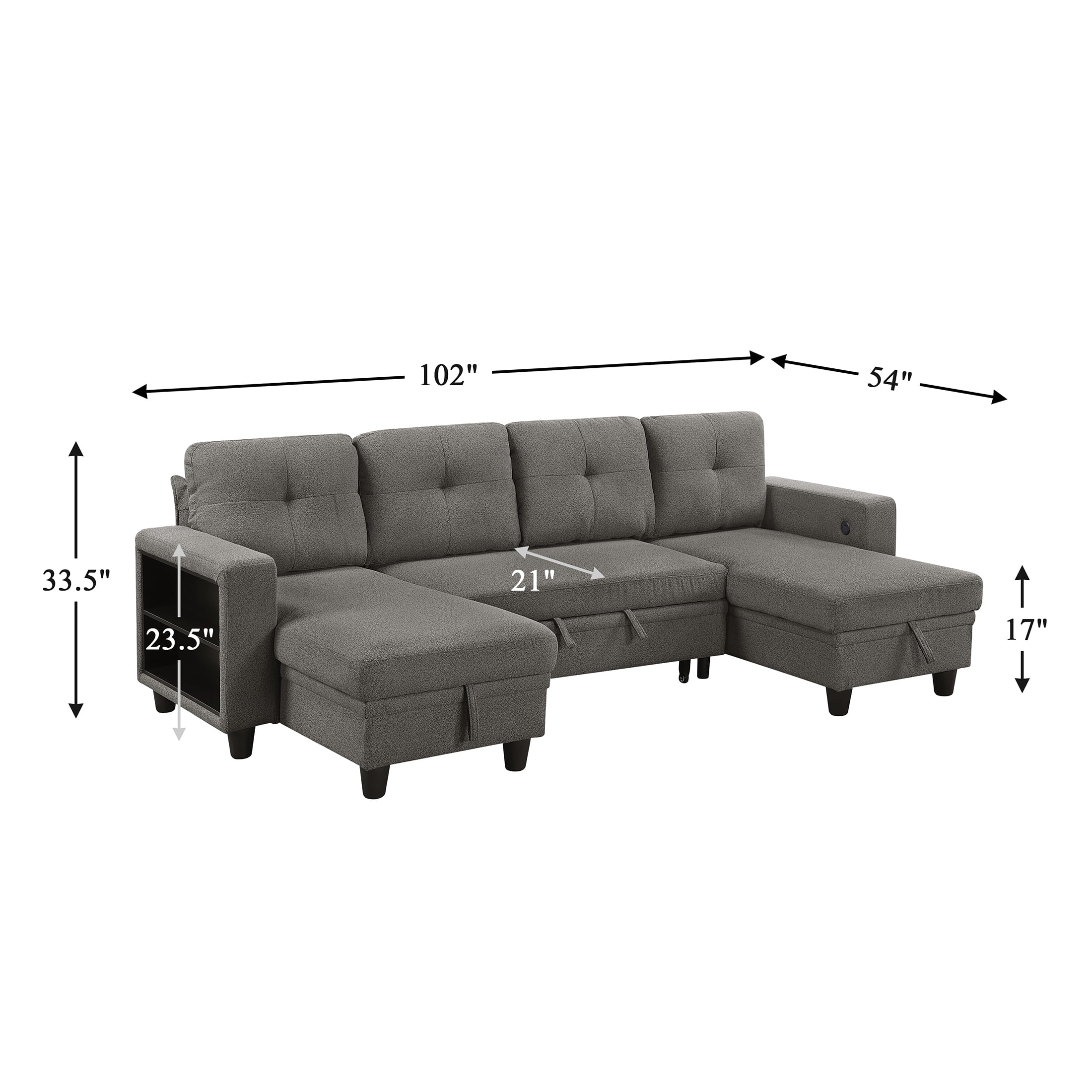 OakvillePark Vessarion Boucle Sectional with Two Chaises, Pull-out Bed, Shelves and Charging Ports, Dark Brown