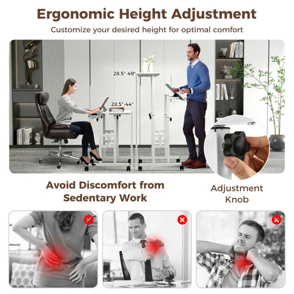 YYAo Laptop Tables,Printer Stands,Mobile Standing Desk Height-Adjustable Laptop Cart with Split Top and Hanging Hooks-White