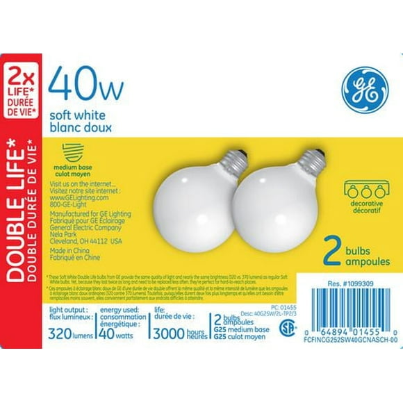 GE Lighting Canada 40 Watt G25 Soft White Bulbs