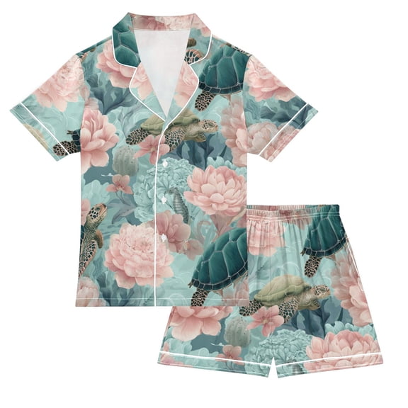 Silky Satin Kids' Pajama Set Breathable & Smooth Unisex Button-Down Pajamas Turtles with Pink Flowers Small