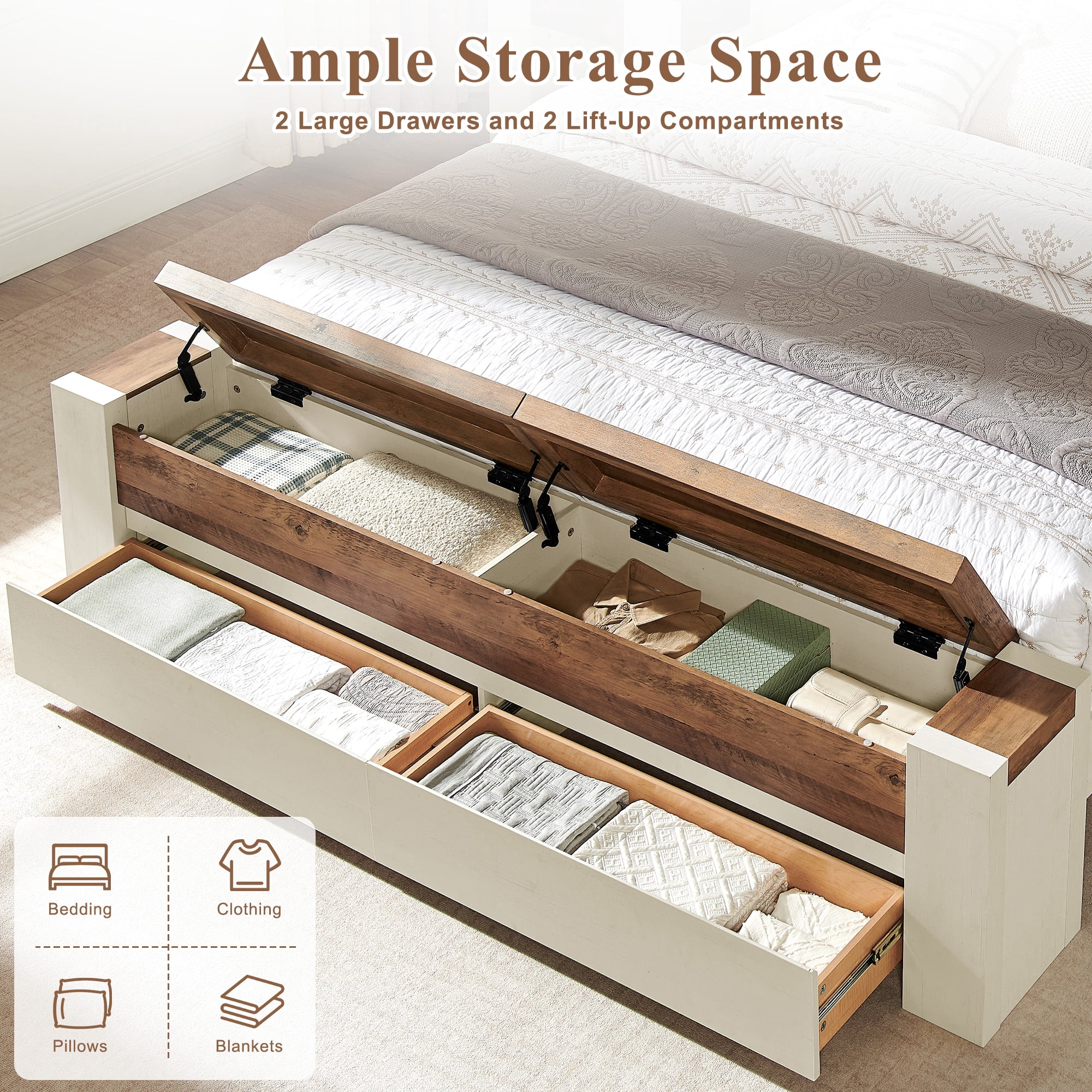 KeyWhat Modern Queen Size Storage Bed Frame with Panel Headboard, Footboard Storage Bench, Built-In Drawers, Lift-Up Compartments, No Box Spring Needed, Antique White