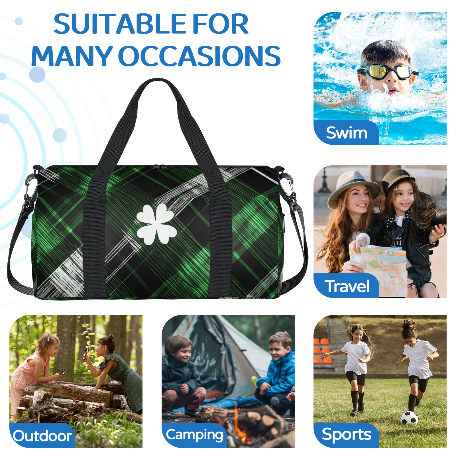 Herdesigns St Patrick's Day Lucky Shamrock Gym Bag for Women, Duffle Bag for Travel Sport, Lightweight Waterproof Carry on Weekender Overnight Dance Yoga Workout Bags
