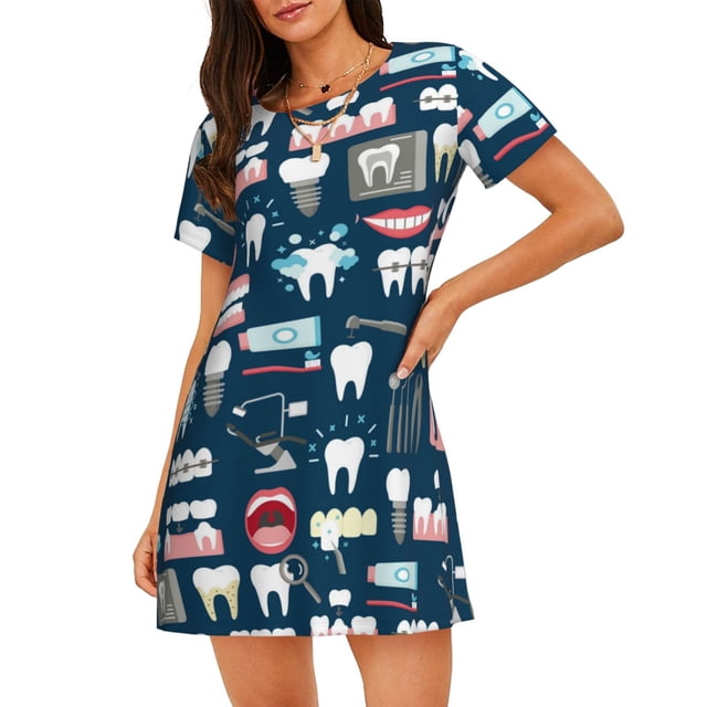 Balery Dental Camisón de manga corta con cuello redondo para mujer, cómodo y elegante.