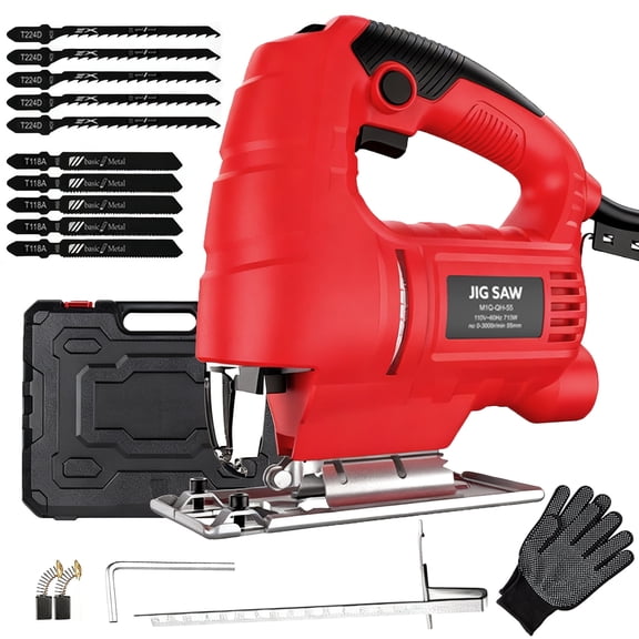 YILIFEIDA 710W Jig Saw, 3000 SPM Jig Saw with Auxiliary Ruler, 10 Blades, ±45° Bevef Cutting, Dust Blowing for Wood, Metal and Plastic Cutting