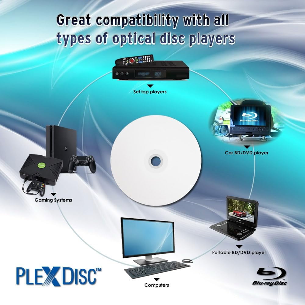 PlexDisc BD-R 25 GB 6X Blu-ray White Inkjet Printable Single Layer Recordable 50-Disc Spindle